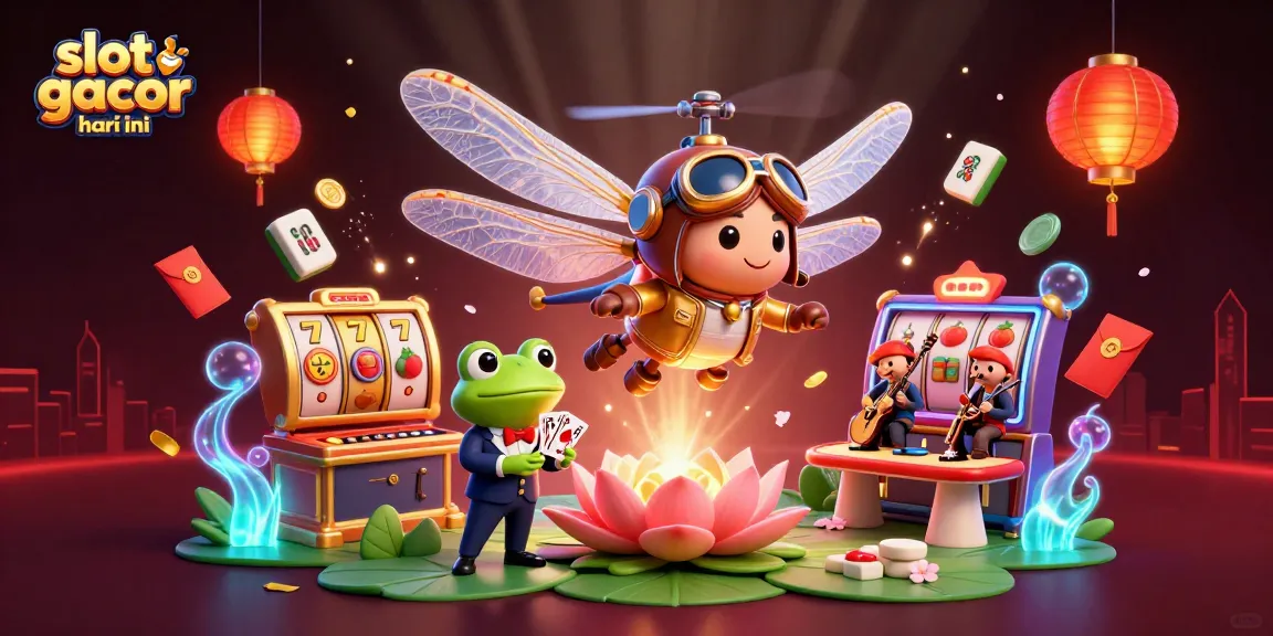 Engaging scene of a dragonfly pilot and a frog dealer in a lily pad casino, emphasizing slot gacor hari ini.