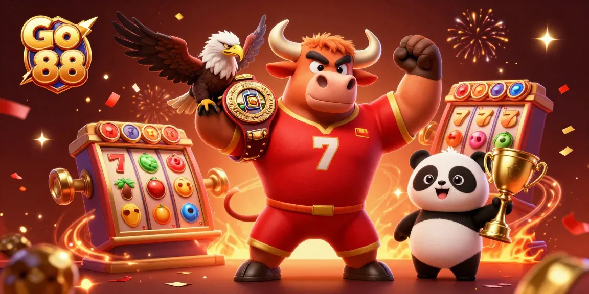 Experience exciting wins at Go 88 with vibrant slots and thrilling trophies in this casino illustration.