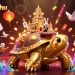 Nohu90nohu casino scene featuring a giant tortoise with a casino, rabbit dealer, and golden coins.