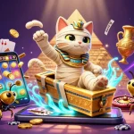 Experience the excitement of top 10 nhà cái uy tín with a cartoon Egyptian mummy cat and gaming elements.
