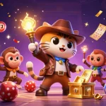 Bettors analyze tỷ lệ kèo while a cat archaeologist discovers casino treasures amidst colorful lottery balls.