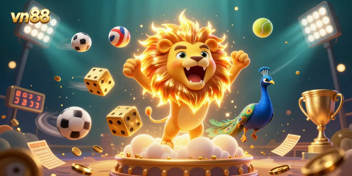 Engage with thrilling games at vn 88 while exploring golden trophies, sports balls, and vibrant casino elements.