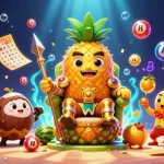 Experience excitement with VB88 as golden characters play amidst lottery elements in a vibrant casino scene.