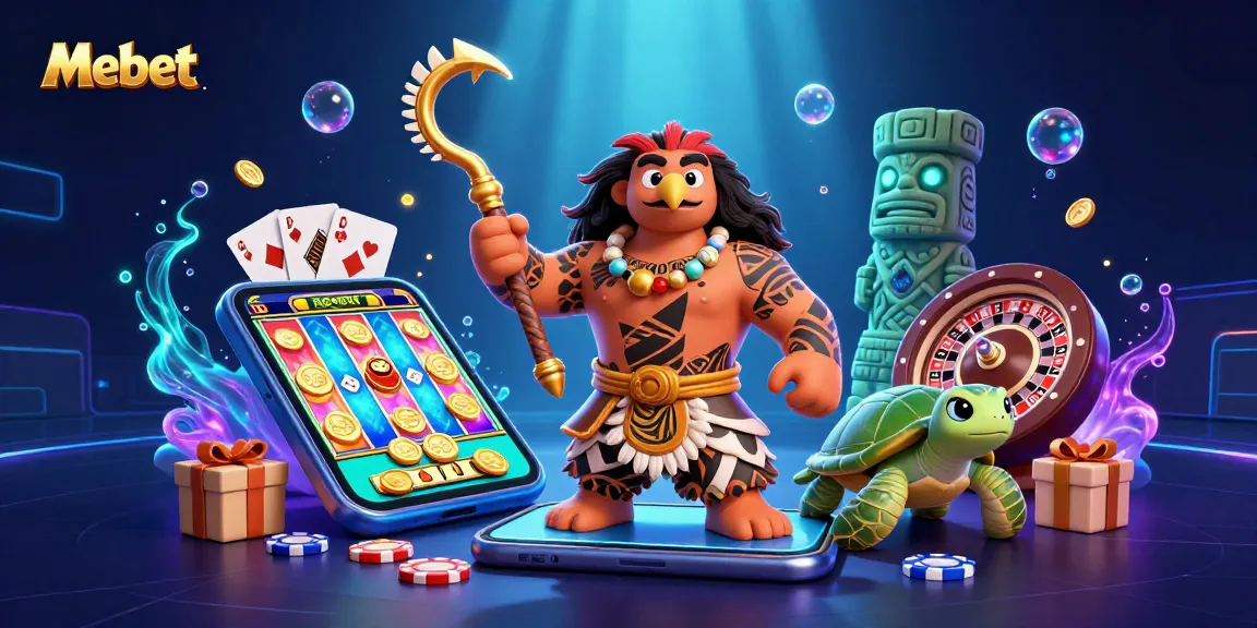 Mebet offers vibrant slot gaming action with a Polynesian demigod amidst colorful casino elements.