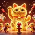 Experience the excitement of QS88 with golden lucky symbols and a dynamic lucky cat in this vibrant casino scene.