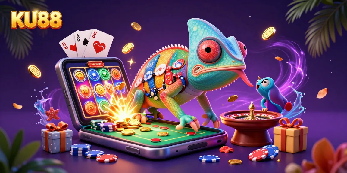 Engaging KU88 casino scene with a colorful chameleon owner and vibrant gaming elements.