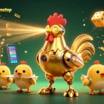 Engage with bettingsitesnotongamstop in an exciting 3D casino scene featuring a golden rooster robot and baby chick drones amidst football-themed slot machines.