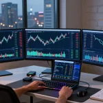 تحقيق بتكوين: مكتب حديث للتداول في العملات الرقمية مع شاشات تعرض بيانات السوق وأدوات تحليل العملات