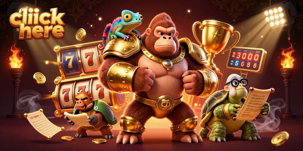 Engage with the thrilling slot game scene, featuring a gorilla king and a wise tortoise. Click here to unlock excitement!