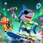 Experience the excitement of situs deposit 5000 with a vibrant 3D shark surfing on gold coins amidst thrilling slot game elements.