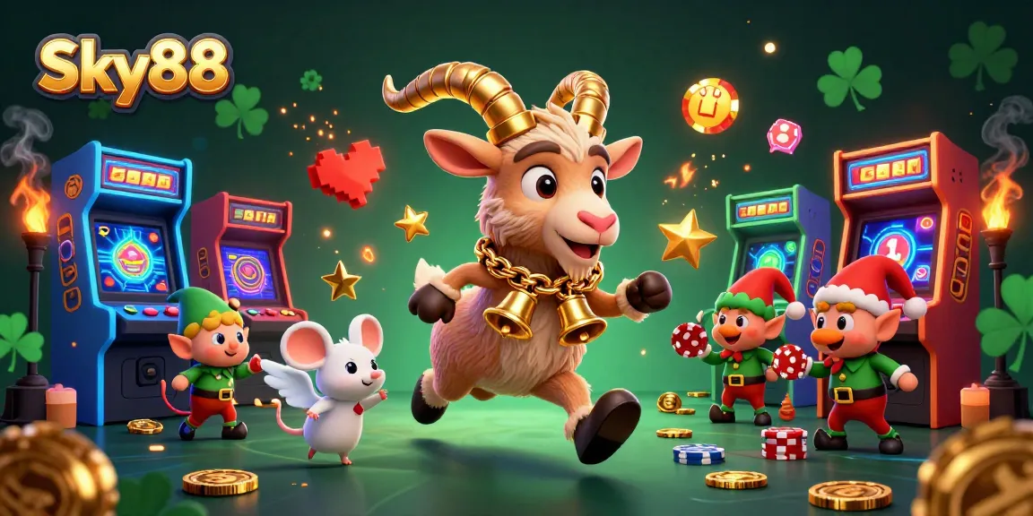 Sky88 captures the excitement of gambling with a festive Krampus goat running a chaotic casino scene.