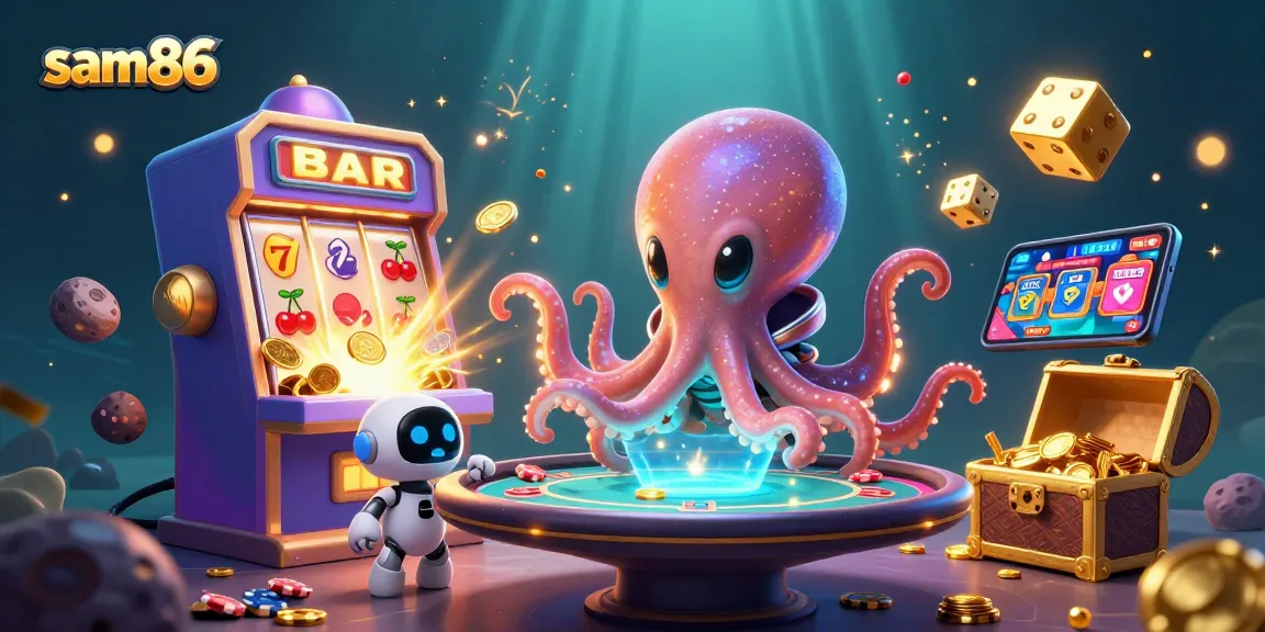 Win big with sam86 at this vibrant alien-themed casino illustration showcasing exciting gaming elements.