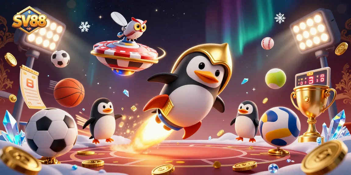 Experience thrilling betting action with SV88 as a golden penguin launches towards a casino in space.