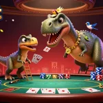 Experience fun and thrilling poker action at Vsbet with a playful brontosaurus overseeing the game.