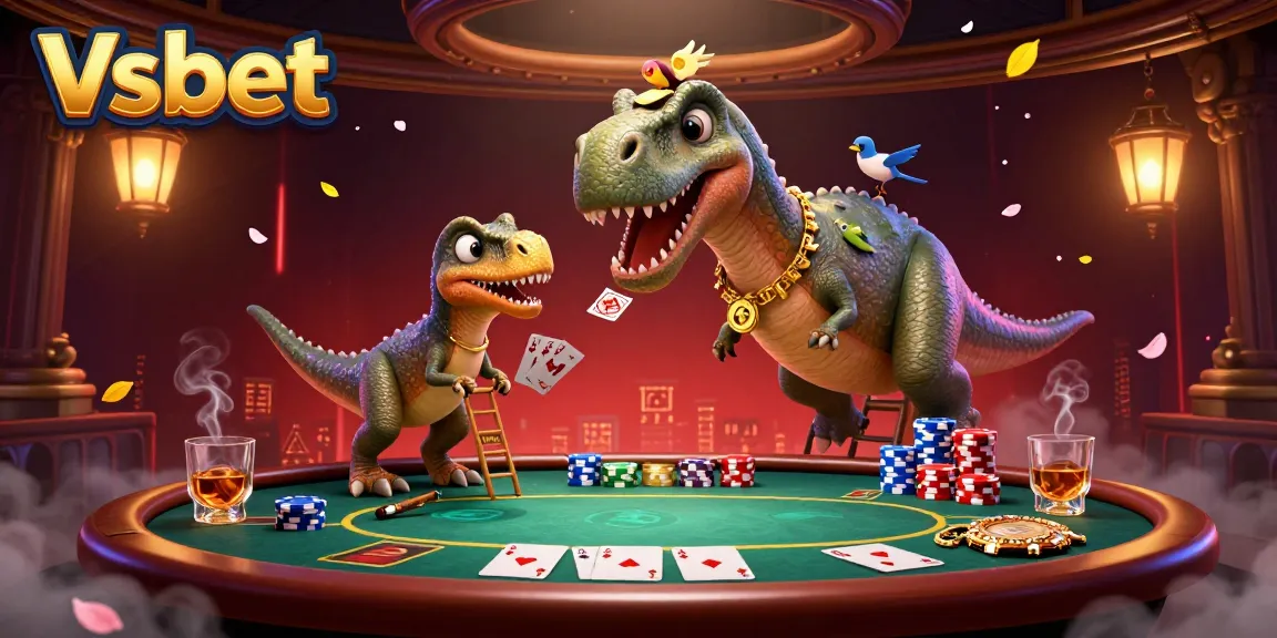 Experience fun and thrilling poker action at Vsbet with a playful brontosaurus overseeing the game.