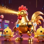 Spin the reels with LU88's vibrant casino gaming illustration featuring a futuristic rooster robot.