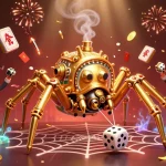 Experience thrilling gaming adventures at uu88 with a captivating 3D illustration of a golden spider catching dice and rich casino elements.