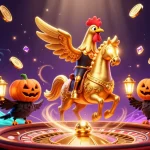 Experience the thrilling m98 q gaming adventure with a golden rooster riding a spectral horse amidst casino excitement.
