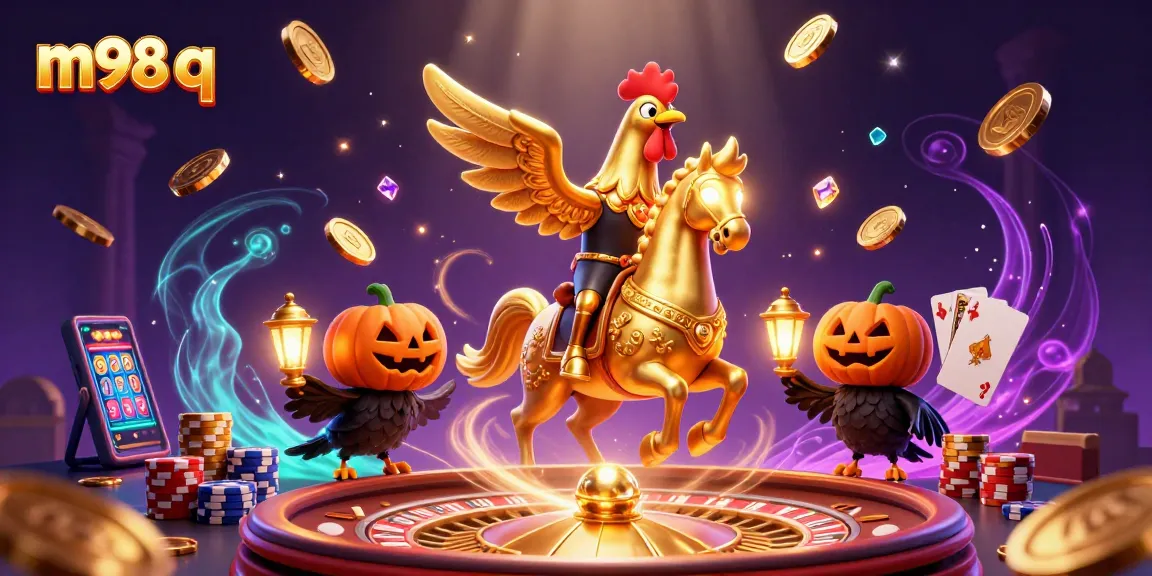 Experience the thrilling m98 q gaming adventure with a golden rooster riding a spectral horse amidst casino excitement.