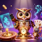 Experience thrilling casino adventures with rikvip98 com, featuring a whimsical time-traveler owl in a lively casino scene.
