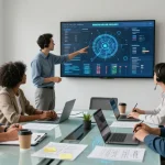Team collaborating in a modern office showcasing IT support for small businesses with digital analytics and a dynamic atmosphere.