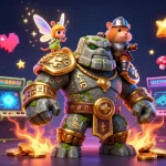 Engage with dynamic 68win gaming experience showcasing a magical golem, fairy, and hamster knight.