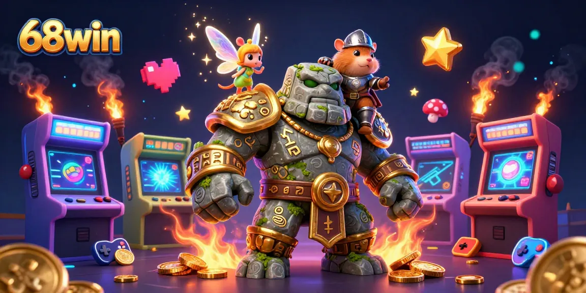 Engage with dynamic 68win gaming experience showcasing a magical golem, fairy, and hamster knight.