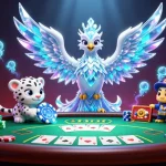 Engage with 9BET's lively casino scene featuring a playful snow leopard and glowing sprites.