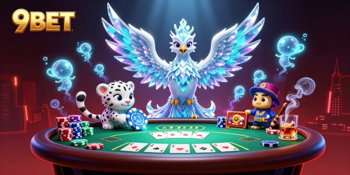 Engage with 9BET's lively casino scene featuring a playful snow leopard and glowing sprites.