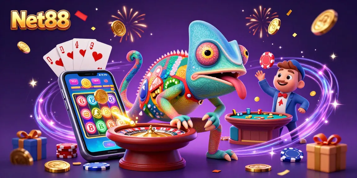 Experience the vibrant world of Net88 with a colorful 3D illustration featuring a chameleon casino owner.