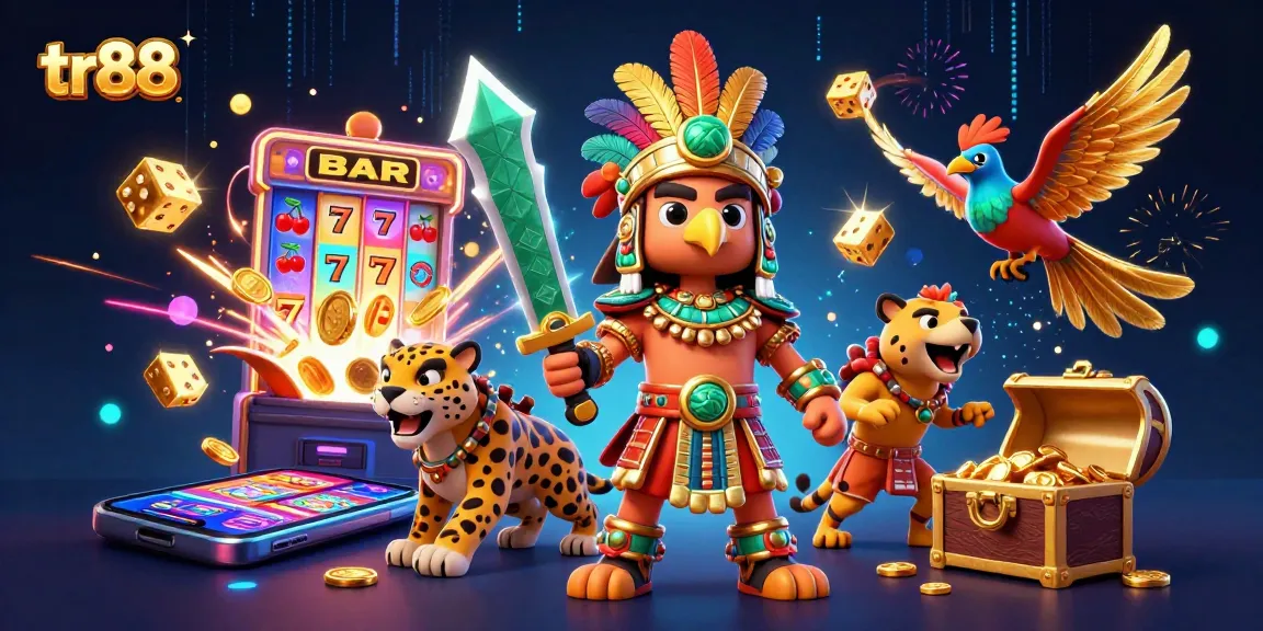 tr88 casino scene with Aztec warriors, slot machine, and golden treasures