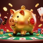 Watch Vua88's golden piggy bank sumo wrestler celebrate with golden coins in an exciting gambling scene.