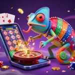 Engage in the vibrant experience of Website Sunwin, surrounded by dynamic gambling elements and a playful chameleon casino owner.