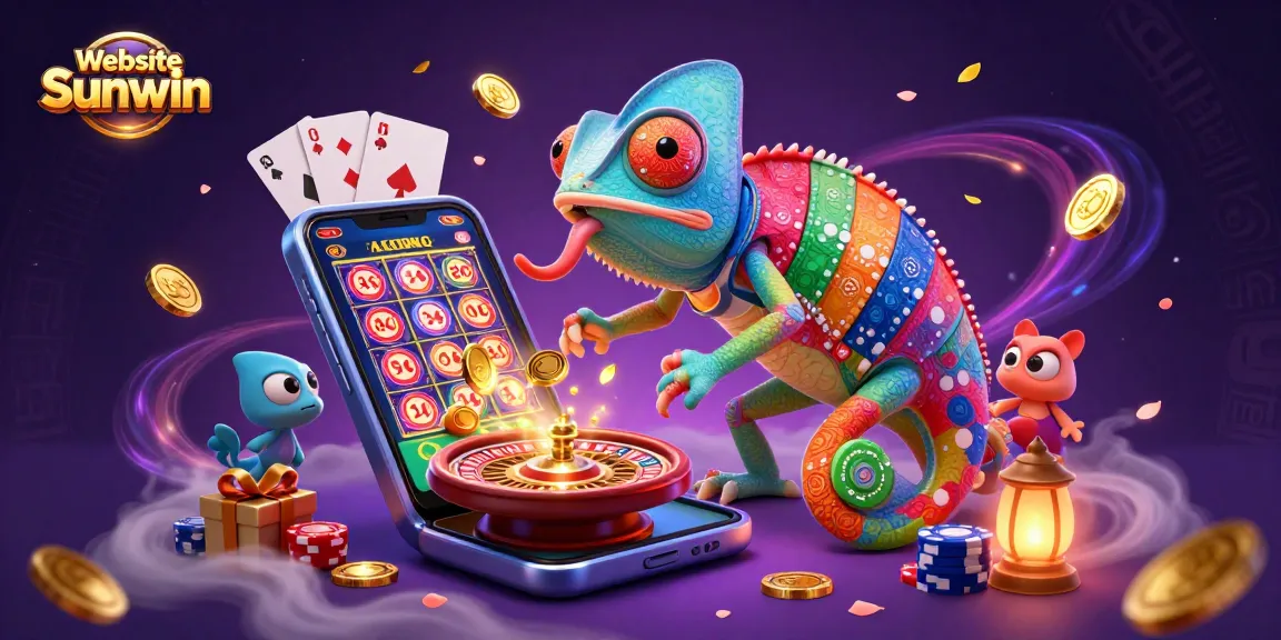 Engage in the vibrant experience of Website Sunwin, surrounded by dynamic gambling elements and a playful chameleon casino owner.