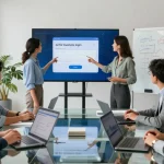 o2 for business login displayed on screen as a diverse business team collaborates in a modern office.
