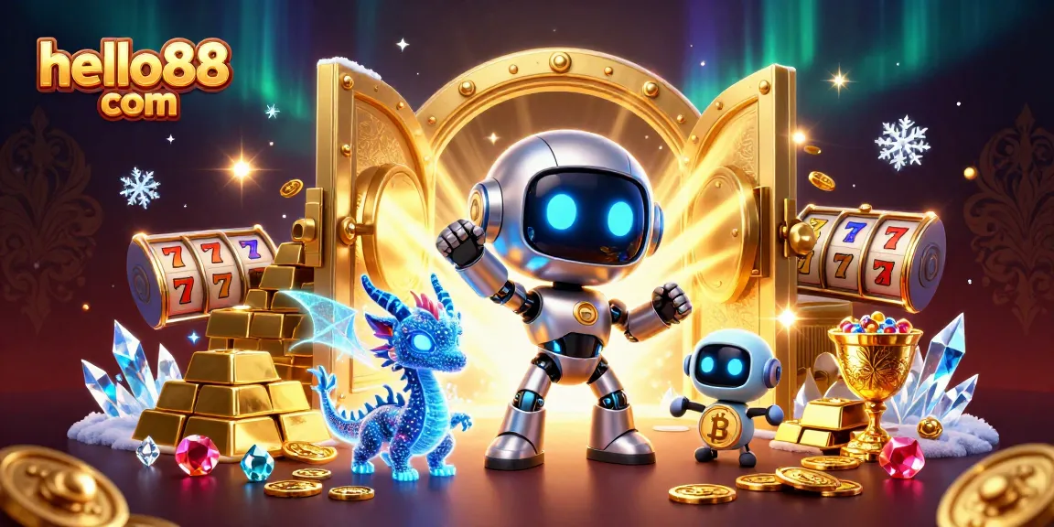 Spin the reels with hello88 com and encounter a vibrant world of casino adventures featuring a robot mascot and treasure.