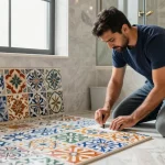 مقاول سيراميك باكستاني يقوم بتركيب بلاط في حمام فاخر مع أدوات التركيب.