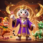K8bet offers an exciting casino experience with a playful scene featuring a tiger, monkey, and dragon.