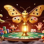 Engage with DEWAPOKER's vibrant casino scene featuring an illustrated moth and poker elements.