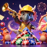 Engage with 23win's thrilling world of gambling featuring celebratory dinosaurs amidst vibrant casino elements.