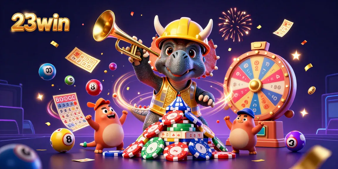 Engage with 23win's thrilling world of gambling featuring celebratory dinosaurs amidst vibrant casino elements.