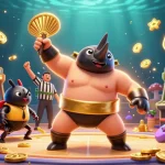 Socolive showcases a dynamic scene with a rhino beetle champion stomping coins while cricket referee oversees the fun.