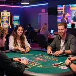 Exciting Happyluke online casino gaming scene with diverse players at a vibrant blackjack table and colorful slot machines.