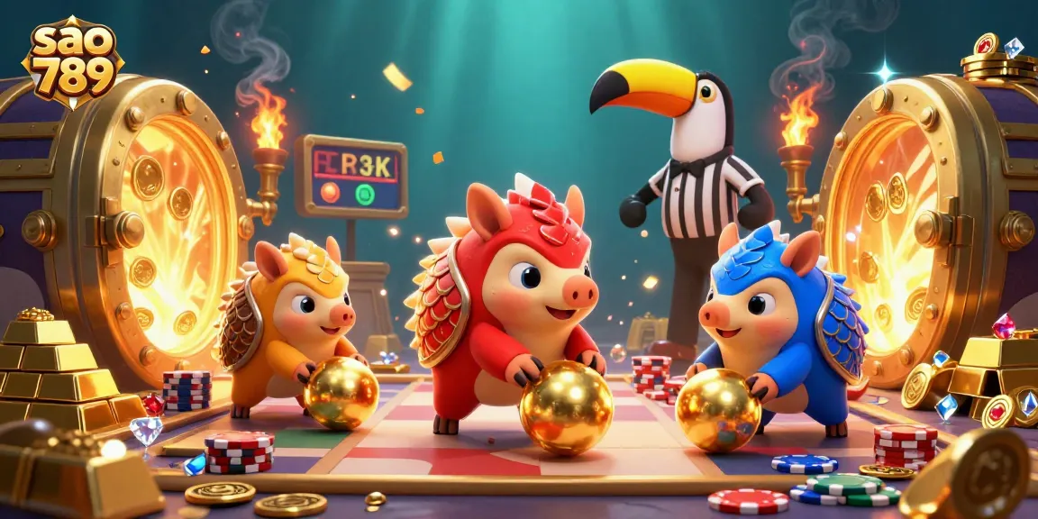 Sao 789 features rival pangolins competing in a vibrant casino scene filled with gold and jewels.