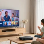 Trusted British IPTV service provider setting up streaming entertainment for local family in a comfortable home.