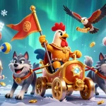 Engage with 58win's exciting gaming atmosphere featuring a rooster warlord in a golden war chariot among slot reels.