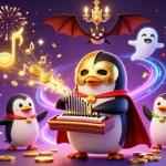 Sunwin delights players with a vibrant 3D fantasy scene of a penguin organist, golden coins raining down in a casino.