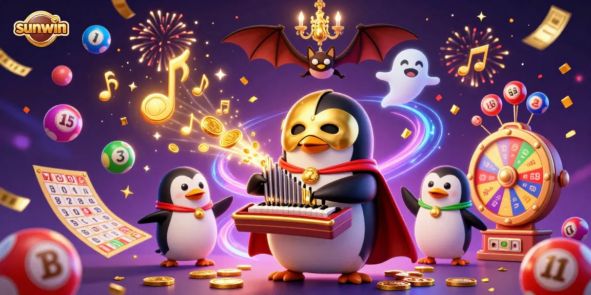 Sunwin delights players with a vibrant 3D fantasy scene of a penguin organist, golden coins raining down in a casino.