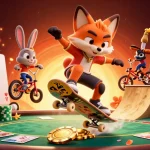 Engage with 8xbet as a 3D cartoon fox does a kickflip on golden poker chips, showcasing a lively casino atmosphere.