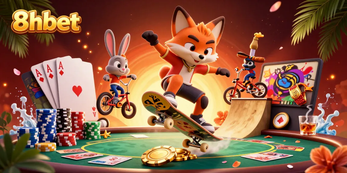 Engage with 8xbet as a 3D cartoon fox does a kickflip on golden poker chips, showcasing a lively casino atmosphere.